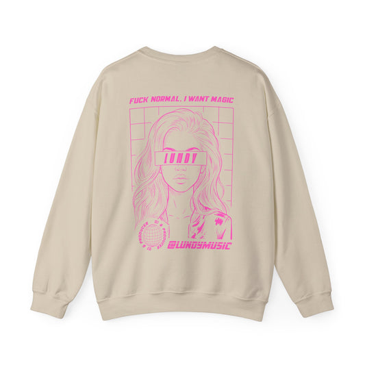 Crewneck Sweatshirt — Pink Retro Girl Graphic “F**k Normal I Want Magic” -md