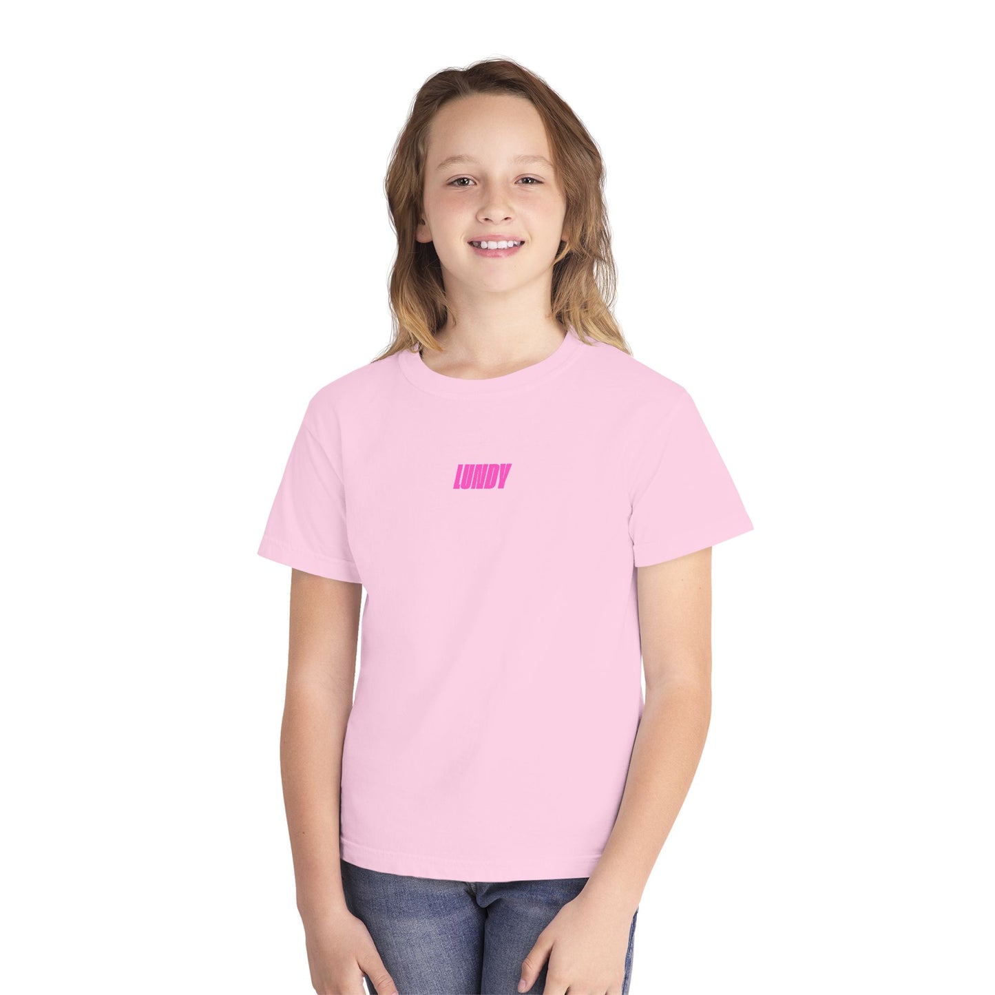 D. Youth/Kids Tee — Retro Pink 'LUNDY' Graphic Backprint -MD
