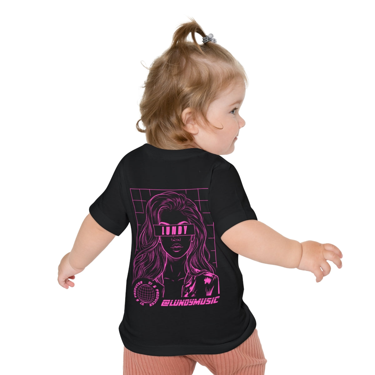 E. Infant/Toddler Tee — Pink Retro Girl Graphic "LUNDY" Baby Shirt