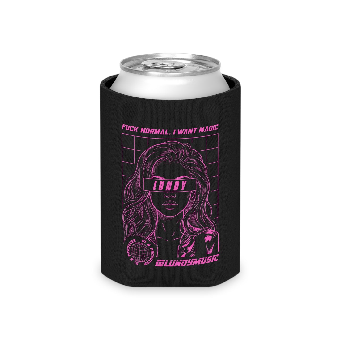 Neon Retro Goddess Can Cooler — Pink Vaporwave Drink Koozie