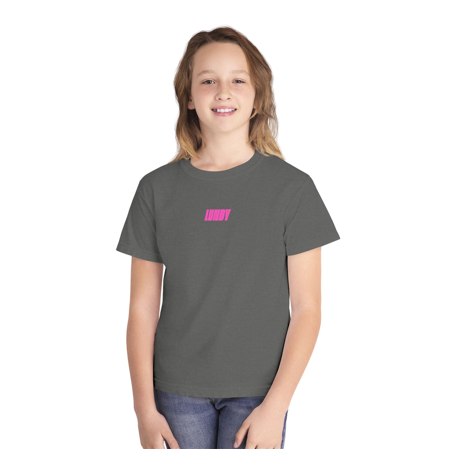 D. Youth/Kids Tee — Retro Pink 'LUNDY' Graphic Backprint -MD