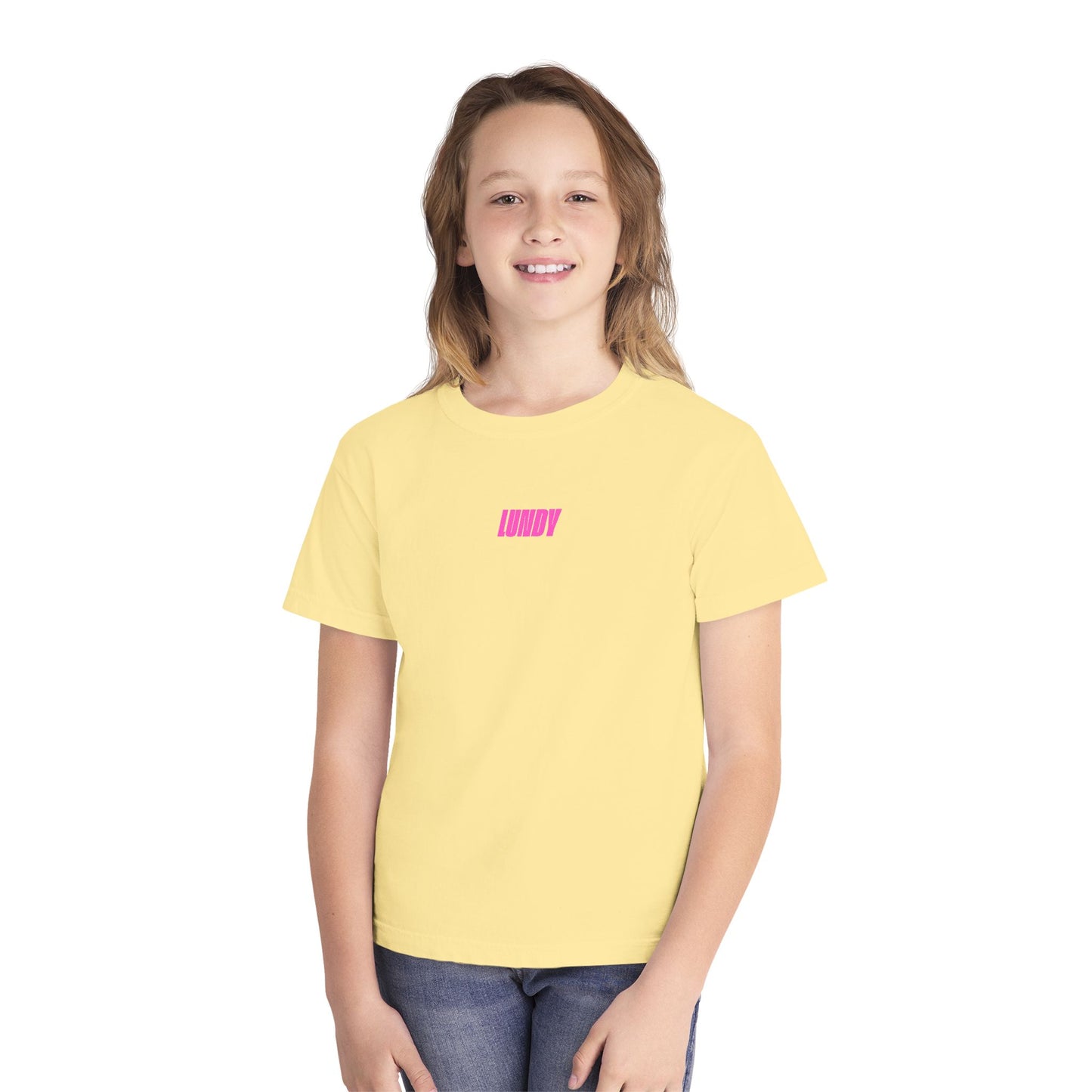 D. Youth/Kids Tee — Retro Pink 'LUNDY' Graphic Backprint -MD