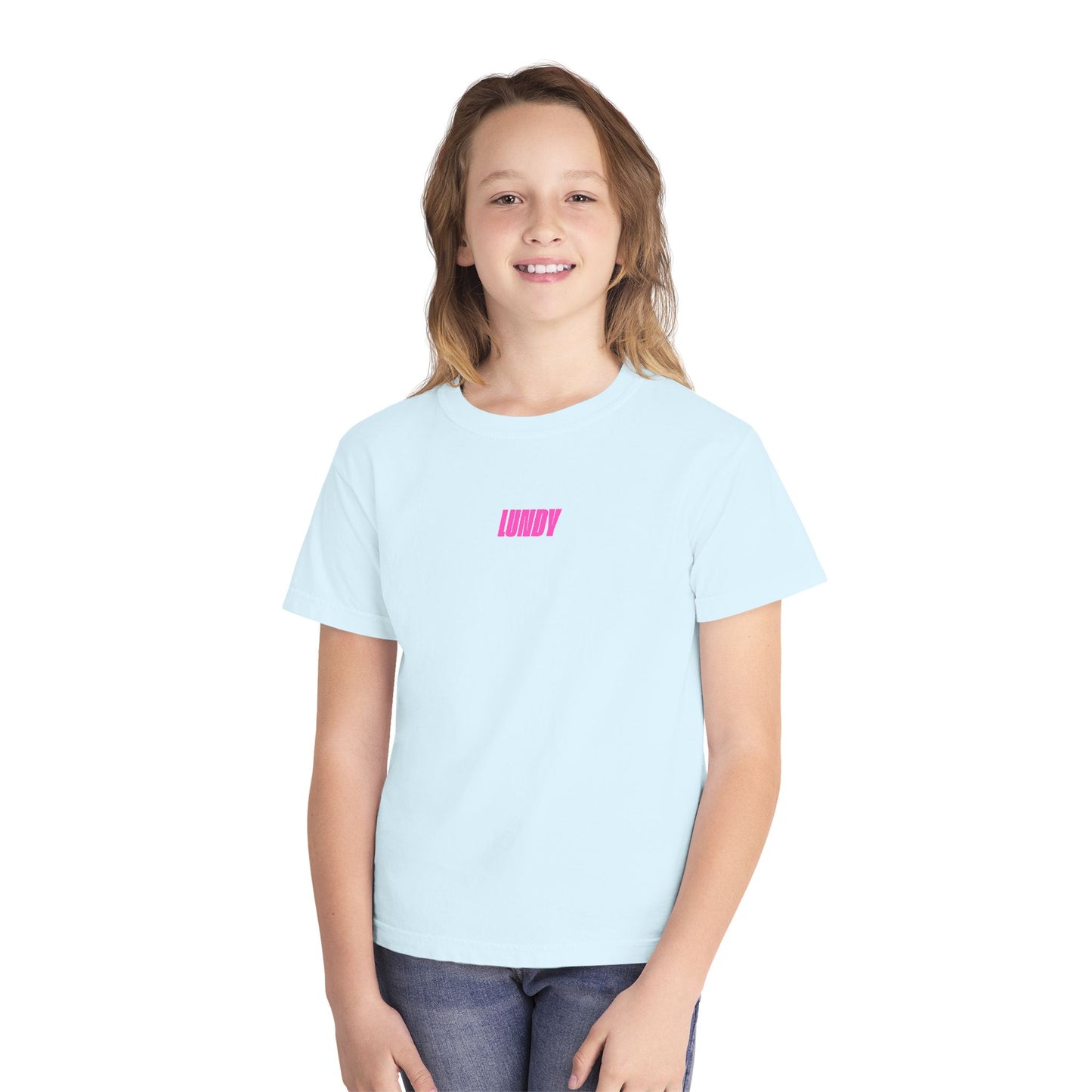 D. Youth/Kids Tee — Retro Pink 'LUNDY' Graphic Backprint -MD
