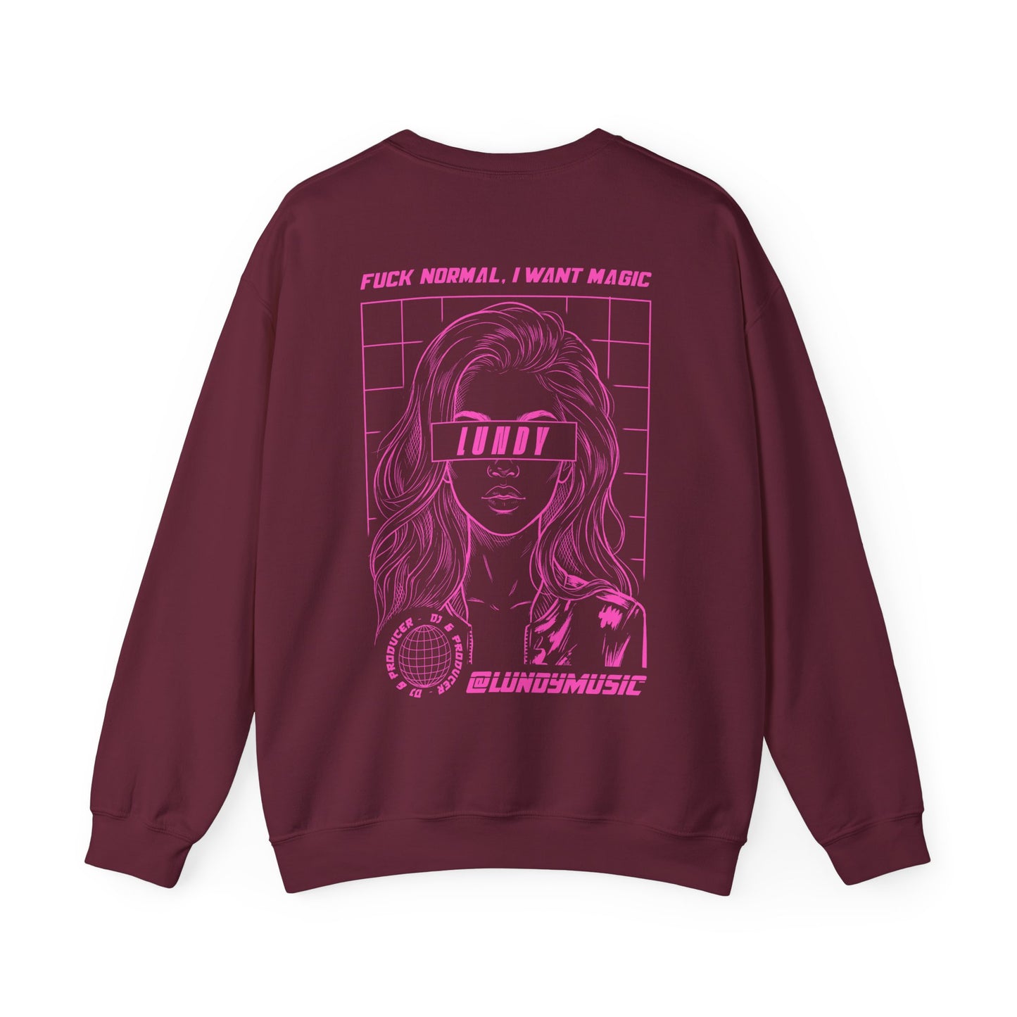 Crewneck Sweatshirt — Pink Retro Girl Graphic “F**k Normal I Want Magic” -md