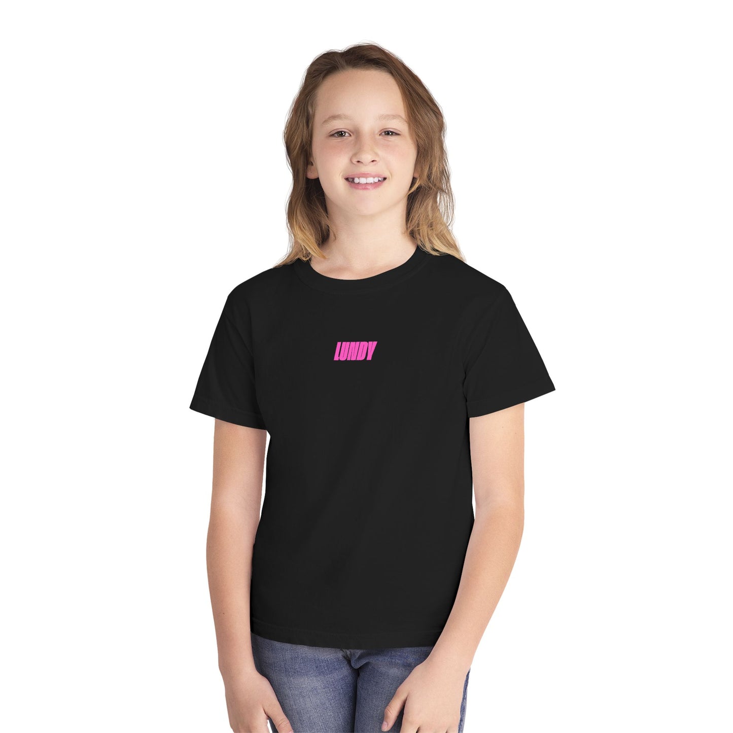 D. Youth/Kids Tee — Retro Pink 'LUNDY' Graphic Backprint -MD
