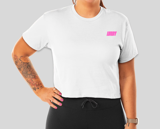 B. Cropped LUNDY Tee White or Black with Pink Graphics